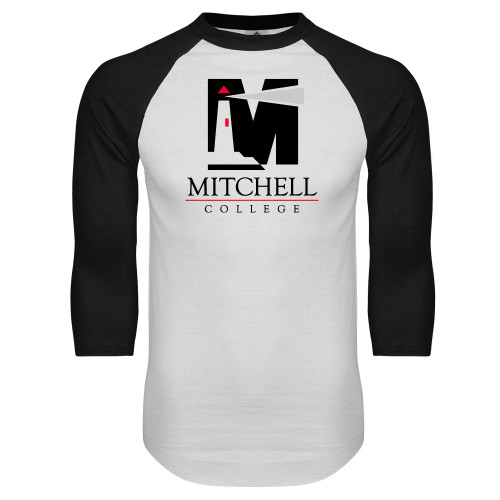  White/Black Raglan Baseball T Shirt - Mitchell College Vertical Logo
