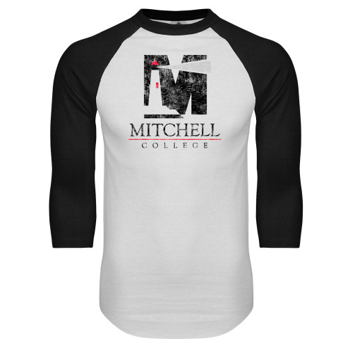  White/Black Raglan Baseball T Shirt - Mitchell College Vertical Distressed