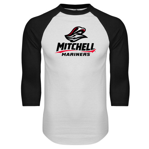  White/Black Raglan Baseball T Shirt - Mitchell Mariners Stacked