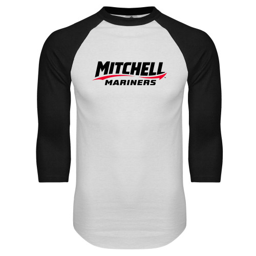  White/Black Raglan Baseball T Shirt - Mitchell Mariners Wordmark