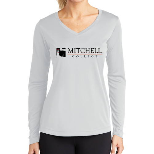  Womens White Performance Long Sleeve V Neck Shirt - Mitchell College Horizontal Logo
