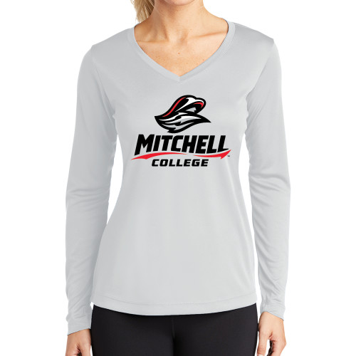  Womens White Performance Long Sleeve V Neck Shirt - Primary Athletics Mark
