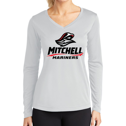  Womens White Performance Long Sleeve V Neck Shirt - Mitchell Mariners Stacked