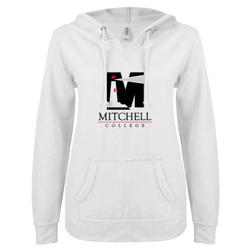  ENZA Womens White V Notch Raw Edge Fleece Hoodie - Mitchell College Vertical Logo