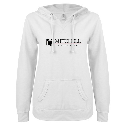  ENZA Womens White V Notch Raw Edge Fleece Hoodie - Mitchell College Horizontal Logo