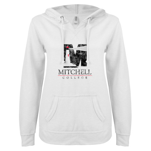  ENZA Womens White V Notch Raw Edge Fleece Hoodie - Mitchell College Vertical Distressed