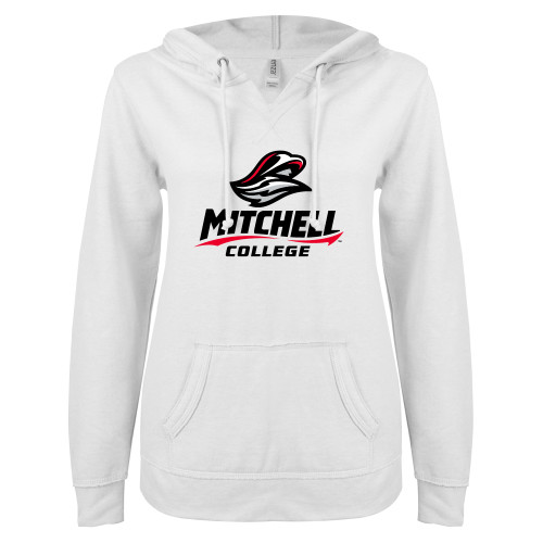 Mitchell College ENZA Womens White V Notch Raw Edge Fleece Hoodie