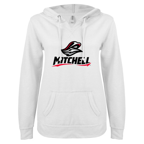  ENZA Womens White V Notch Raw Edge Fleece Hoodie - Mitchell W Mariner