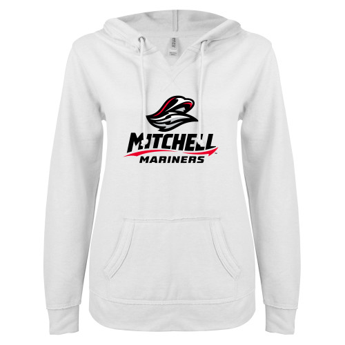  ENZA Womens White V Notch Raw Edge Fleece Hoodie - Mitchell Mariners Stacked