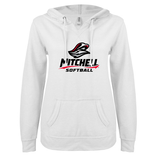  ENZA Womens White V Notch Raw Edge Fleece Hoodie - Softball