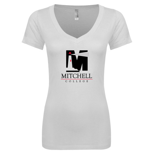  Next Level Womens White Ideal V Tee - Mitchell College Vertical Logo