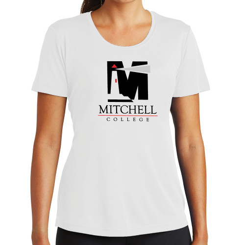  Womens White Performance Tee - Mitchell College Vertical Logo