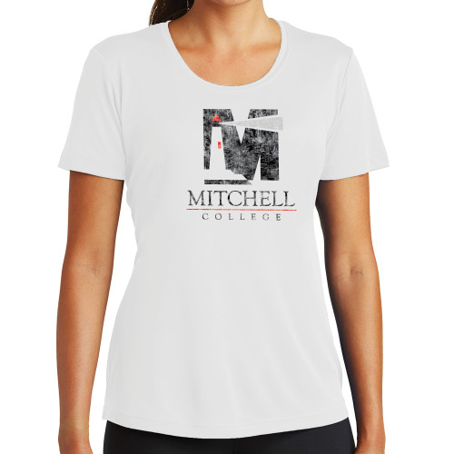  Womens White Performance Tee - Mitchell College Vertical Distressed