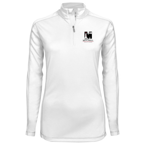  Syntrel Womens White Interlock 1/4 Zip - Mitchell College Vertical Logo