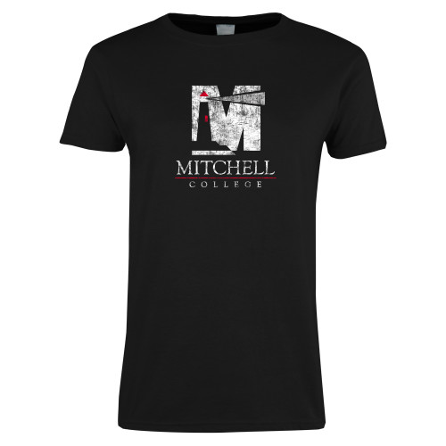  Womens Black Short Sleeve Tee - Mitchell College Vertical Distressed