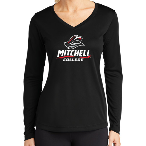  Womens Black Performance Long Sleeve V Neck Shirt - Primary Athletics Mark