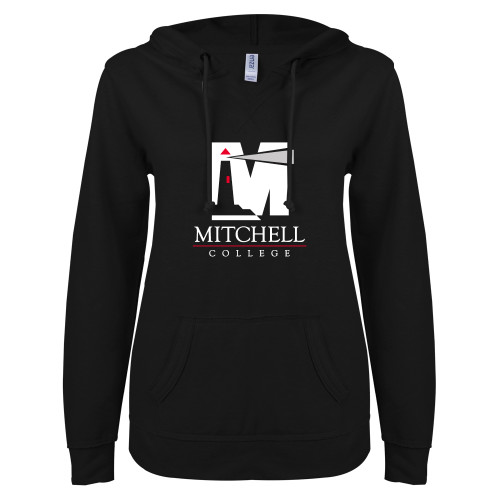  ENZA Womens Black V Notch Raw Edge Fleece Hoodie - Mitchell College Vertical Logo