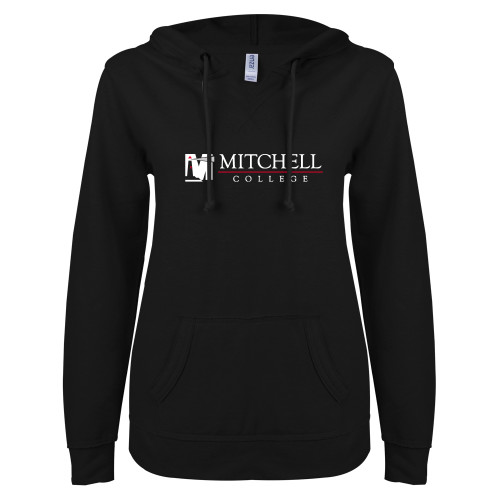  ENZA Womens Black V Notch Raw Edge Fleece Hoodie - Mitchell College Horizontal Logo