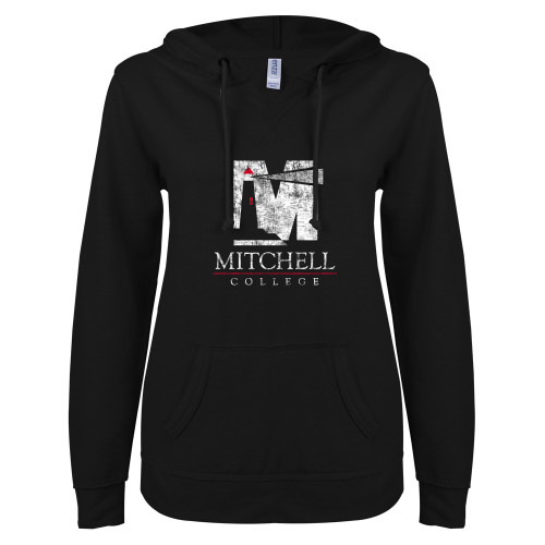 ENZA Womens Black V Notch Raw Edge Fleece Hoodie - Mitchell College Vertical Distressed