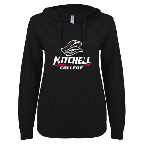  ENZA Womens Black V Notch Raw Edge Fleece Hoodie - Primary Athletics Mark