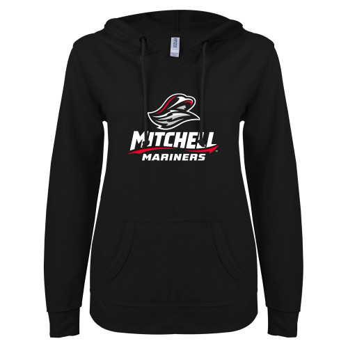  ENZA Womens Black V Notch Raw Edge Fleece Hoodie - Mitchell Mariners Stacked