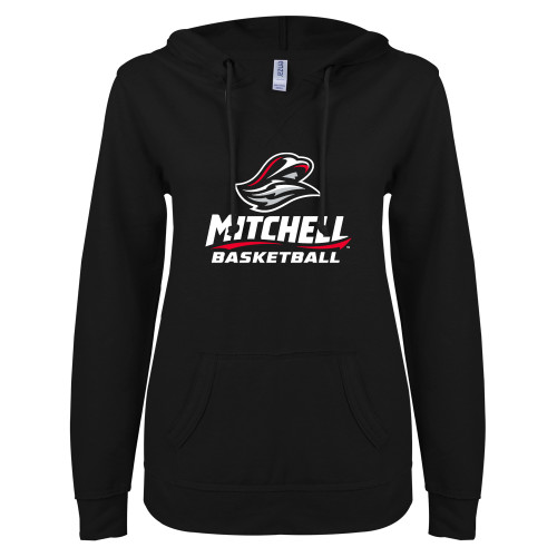  ENZA Womens Black V Notch Raw Edge Fleece Hoodie - Basketball