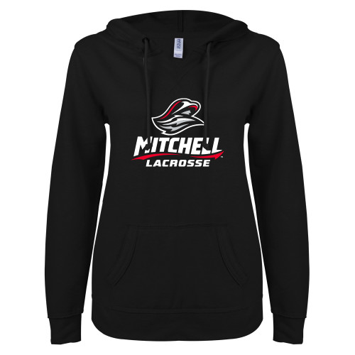  ENZA Womens Black V Notch Raw Edge Fleece Hoodie - Lacrosse