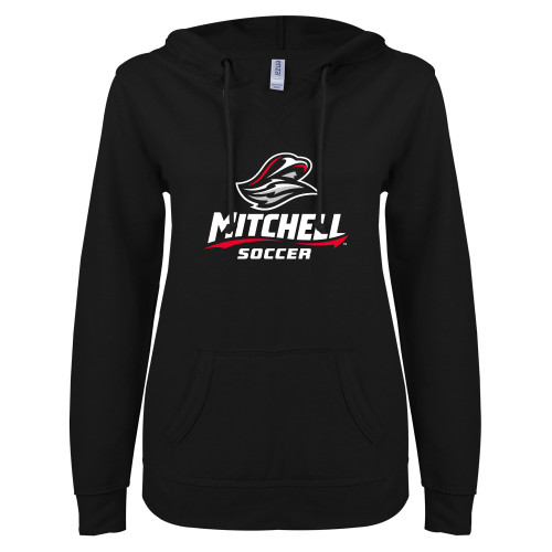  ENZA Womens Black V Notch Raw Edge Fleece Hoodie - Soccer