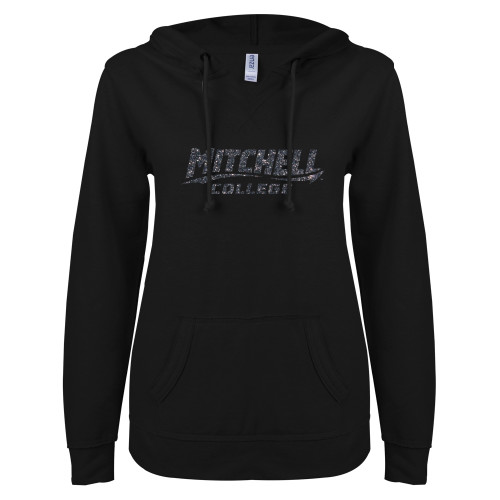  ENZA Womens Black V Notch Raw Edge Fleece Hoodie - F Graphite Soft Glitter