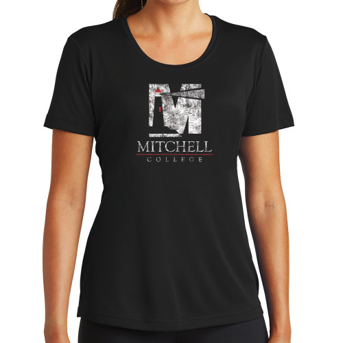 Womens Black Performance Tee - Mitchell College Vertical Distressed