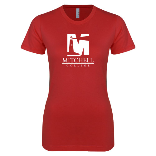  Next Level Womens Red Boyfriend Tee - Mitchell College Vertical Logo