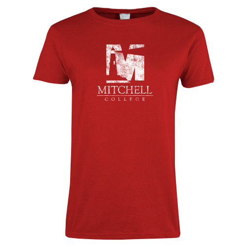  Womens Short Sleeve Red Tee - Mitchell College Vertical Distressed