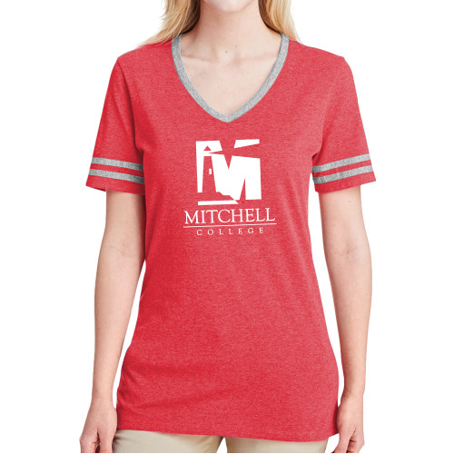  Ladies Red Heather/Grey Tri Blend Varsity Tee - Mitchell College Vertical Logo