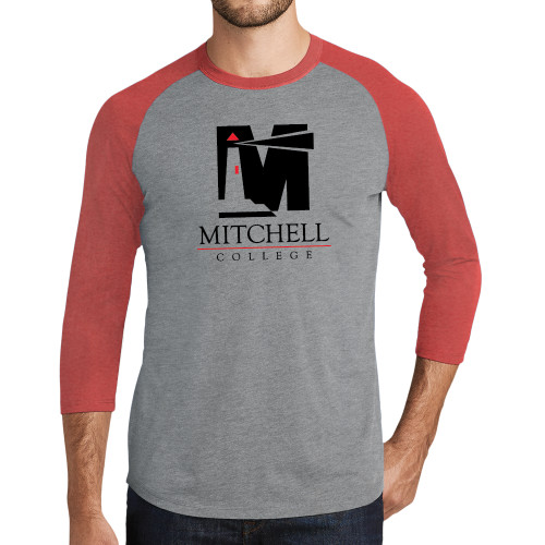  Grey/Red Heather Triblend Baseball Raglan Tee - Mitchell College Vertical Logo