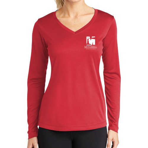  Womens Red Performance Long Sleeve V Neck Shirt - Mitchell College Vertical Logo