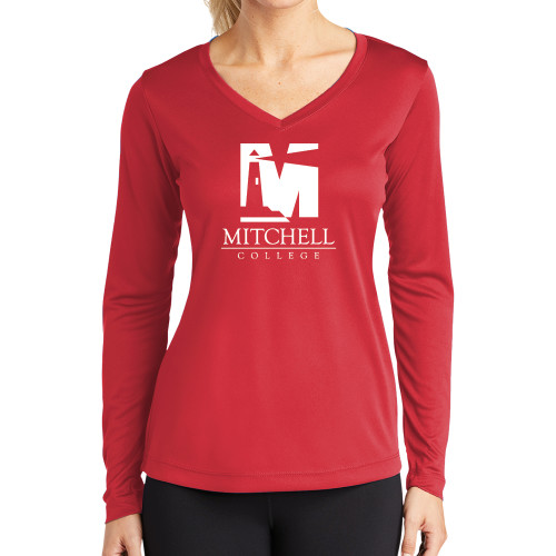  Womens Red Performance Long Sleeve V Neck Shirt - Mitchell College Vertical Logo
