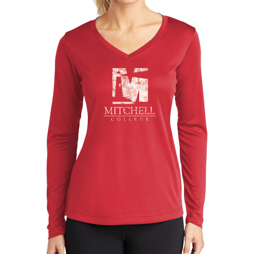  Womens Red Performance Long Sleeve V Neck Shirt - Mitchell College Vertical Distressed