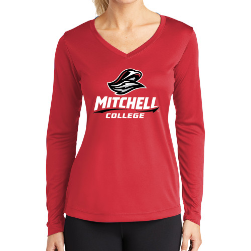  Womens Red Performance Long Sleeve V Neck Shirt - Primary Athletics Mark
