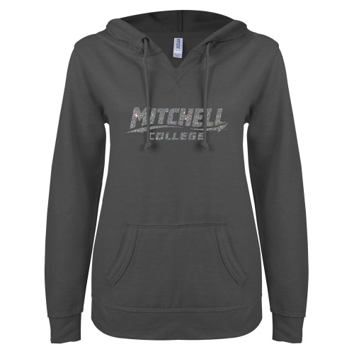  ENZA Womens Dark Heather V Notch Raw Edge Fleece Hoodie - A Silver Soft Glitter