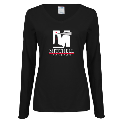  Womens Black Long Sleeve V Neck Tee  - Mitchell College Vertical Logo