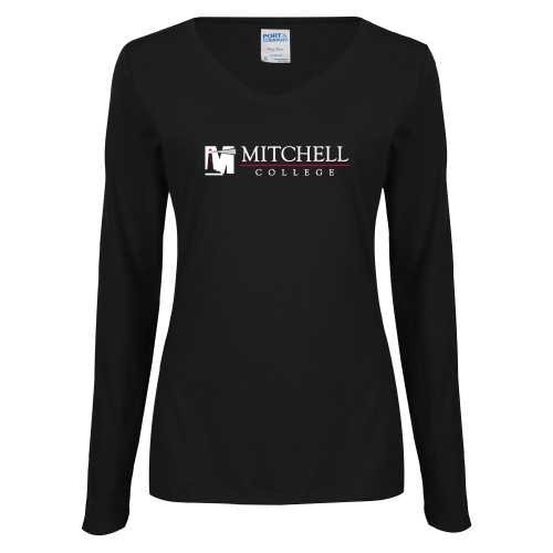  Womens Black Long Sleeve V Neck Tee  - Mitchell College Horizontal Logo