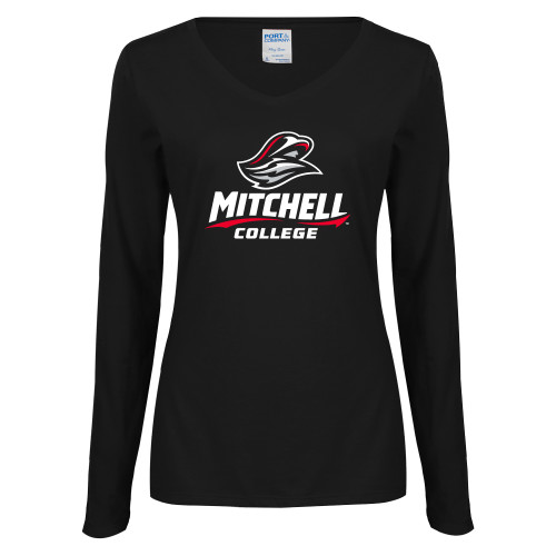  Womens Black Long Sleeve V Neck Tee  - Primary Athletics Mark