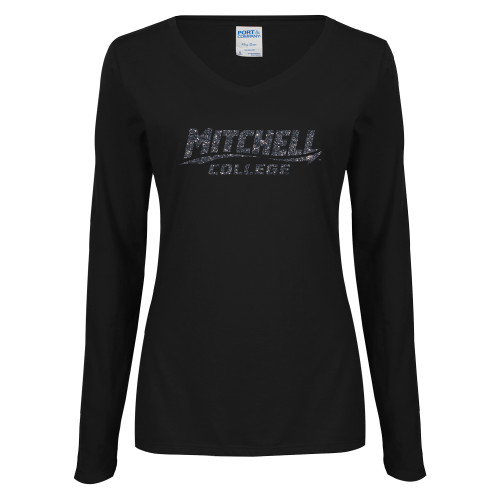  Womens Black Long Sleeve V Neck Tee  - F Graphite Soft Glitter