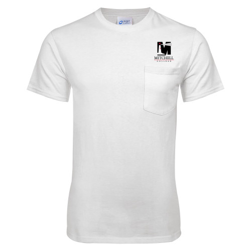  White T-Shirt w/Pocket - Mitchell College Vertical Logo