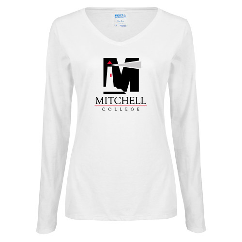  Womens White Long Sleeve V Neck Tee - Mitchell College Vertical Logo