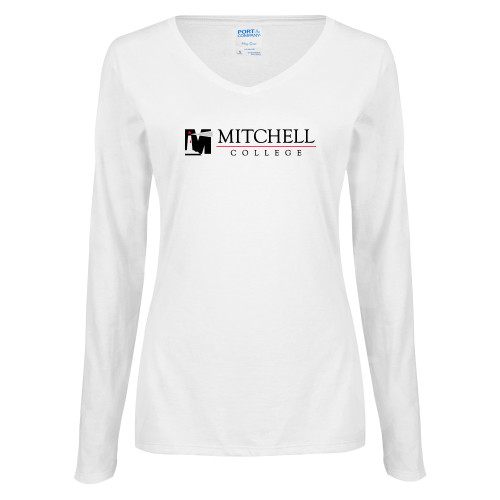  Womens White Long Sleeve V Neck Tee - Mitchell College Horizontal Logo