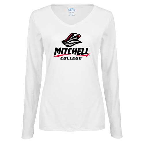  Womens White Long Sleeve V Neck Tee - Primary Athletics Mark