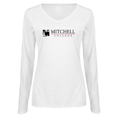  Womens White Long Sleeve V Neck Tee  - Mitchell College Horizontal Logo