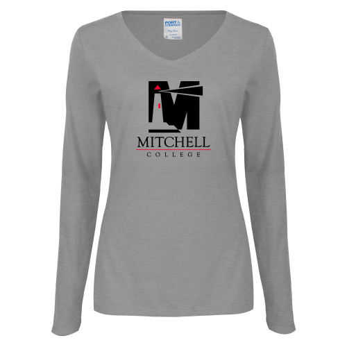  Womens Grey Long Sleeve V Neck Tee  - Mitchell College Vertical Logo