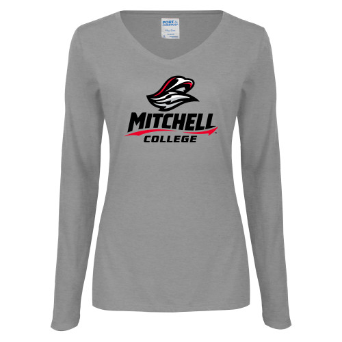  Womens Grey Long Sleeve V Neck Tee  - Primary Athletics Mark
